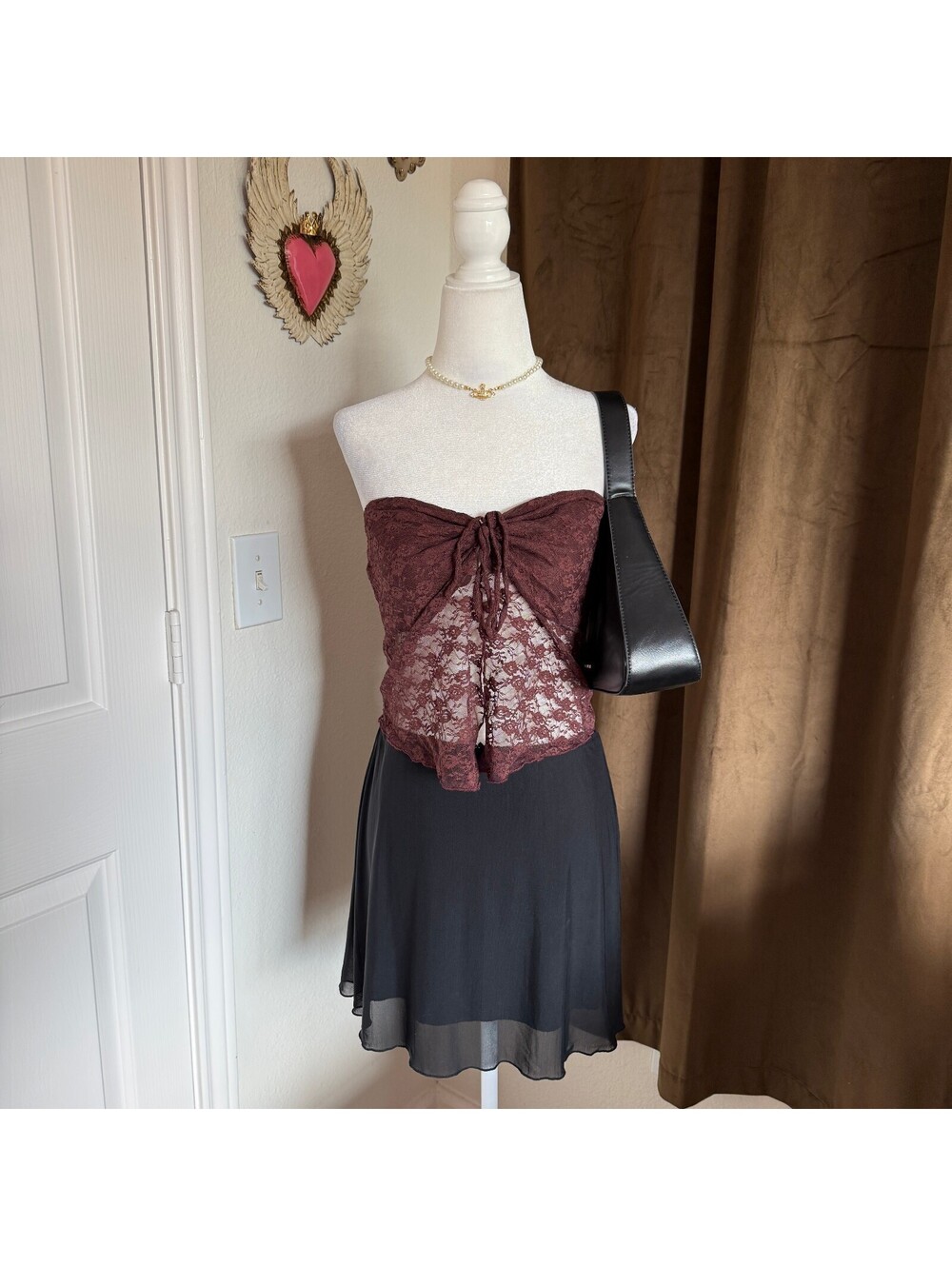 Romantic Sheer Lace Coquette Women's Strapless Grey Bandit Crop Top Size Large